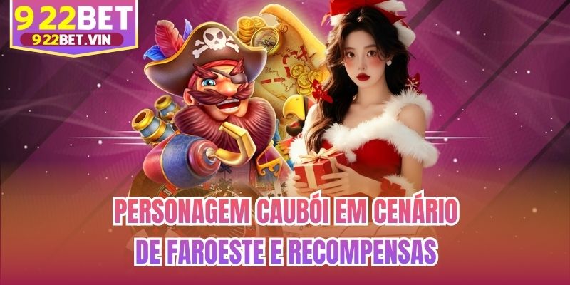 Personagem caubói em cenário de faroeste e recompensas